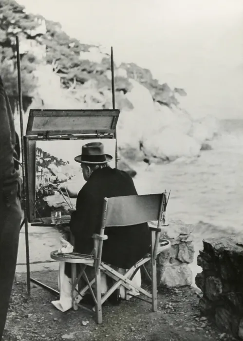Framed Print : Ex-Prime Minister Winston Churchill painting on the French Riviera near Monte Carlo. Jan 12, 1949. - (BSLOC_2014_17_53)