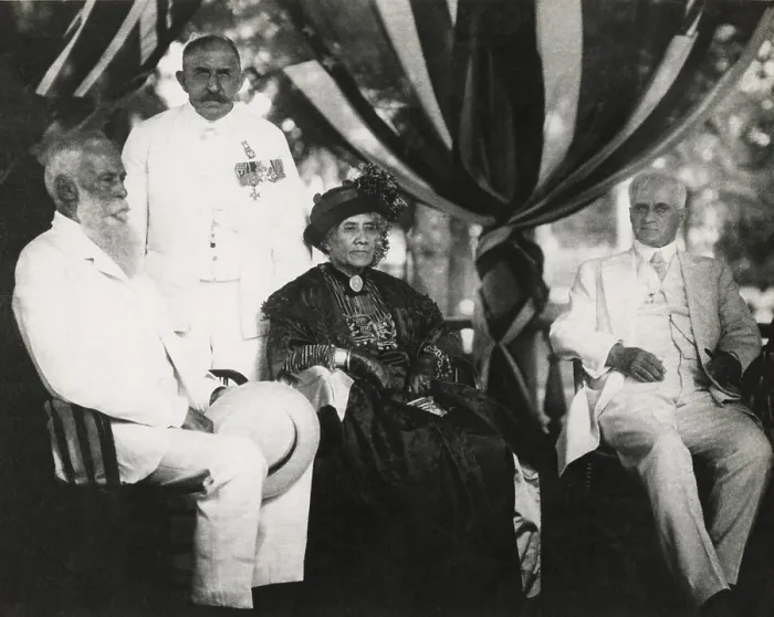 Framed Print : Ex-Queen Liliuokalani on her 70th birthday, seated with Sanford Dole (left) in 1914. At right is Lucius Eugene Pinkham, Territorial Governor Framed Print : Ex-Queen Liliuokalani on her 70th birthday, seated with Sanford Dole (left) in 1914. At right is Lucius Eugene Pinkham, Territorial Governor