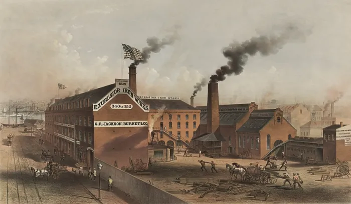 Framed Print : Excelsior Iron Works on New York City's East River at 14th street. Ca. 1855