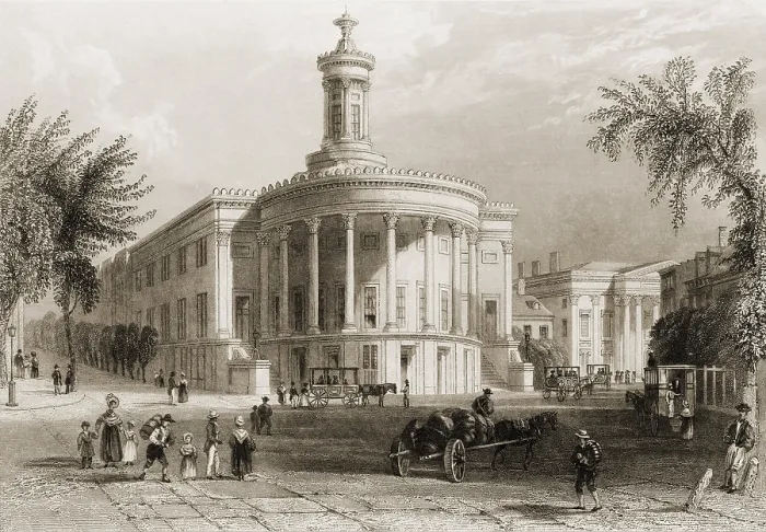 Framed Print : The Exchange and Girards bank in Philadelphia, 1839. In 1831, architect William Strickland designed the new Philadelphia Merchant's Exchange (center)