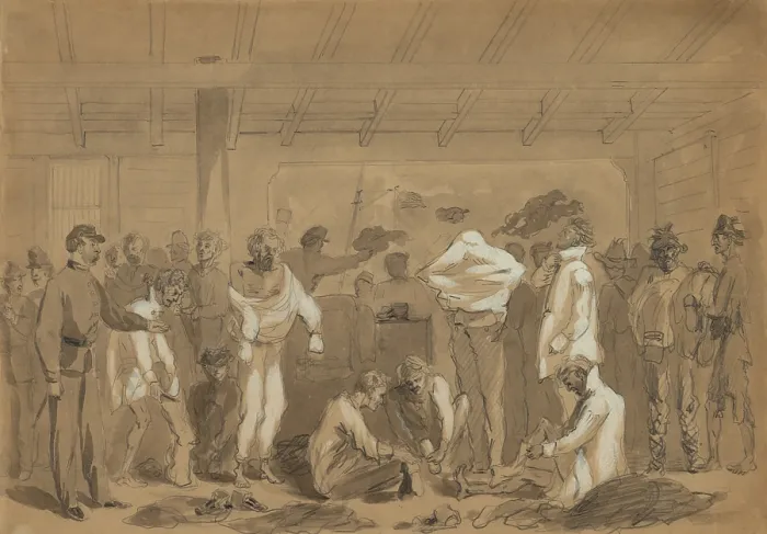 Framed Print : Exchanged Union POWs are issued new clothing to replace their prison camp rags after boarding the Flag of Truce boat, NEW YORK, in late 1864