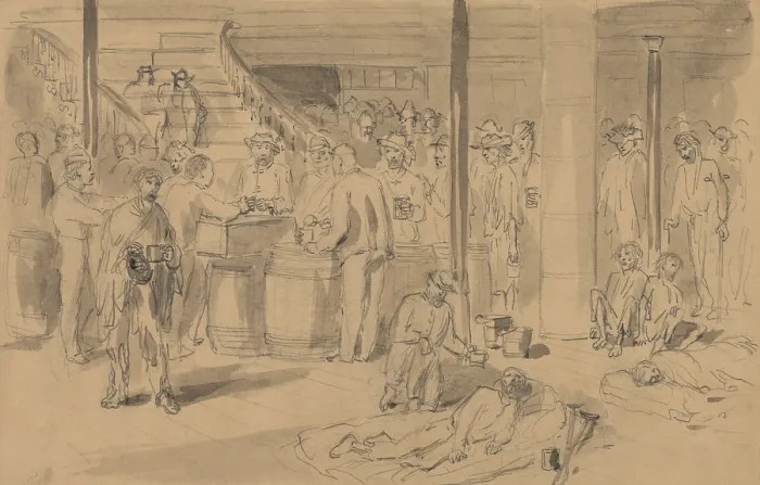 Framed Print : Exchanged Union POWs receiving rations of coffee, bread, and meat, on board the Flag of Truce boat NEW YORK, in late 1864