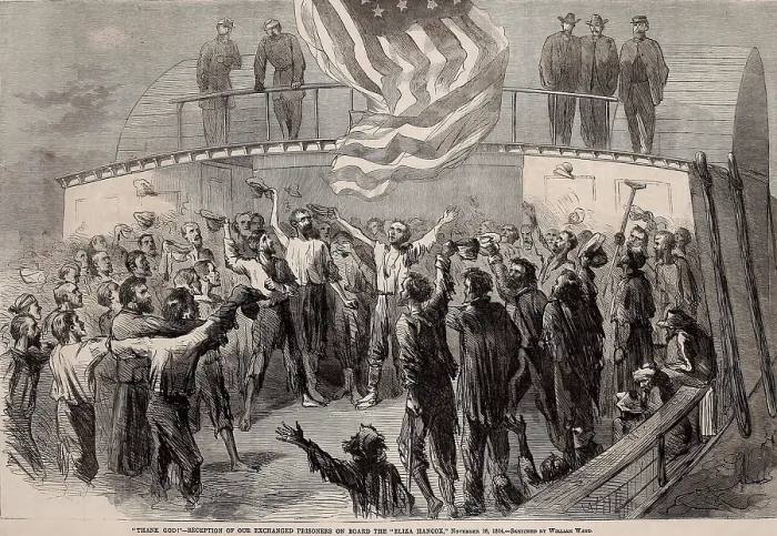 Framed Print : Exchanged Union prisoners celebrate aboard the Eliza Hancock, Nov. 18, 1864. These men were among the healthiest survivors of Andersonville prison in Georgia