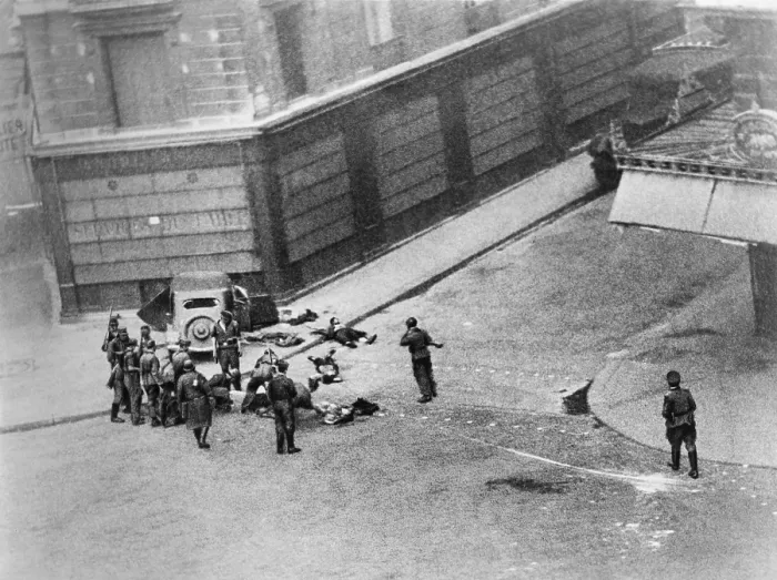 Framed Print : Executed French partisans lying on a city street, surrounded by German soldiers. The FFI (French Forces of the Interior) were killed at an unidentified location, ca. 1944