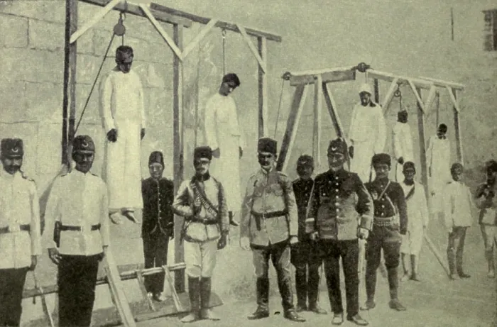 Framed Print : Execution of five Armenian priests by Ottomans in Jaffa, Palestine. Nov. 1917. The hanging took place just before Jaffa was captured by British forces on November 18, 1917