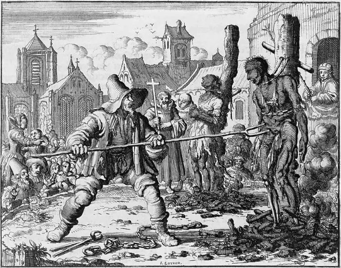 Framed Print : Execution of David van der Leyen and Levina Ghyselins Dutch Anabaptists or Mennonites by Catholic authorities in Ghent in 1554