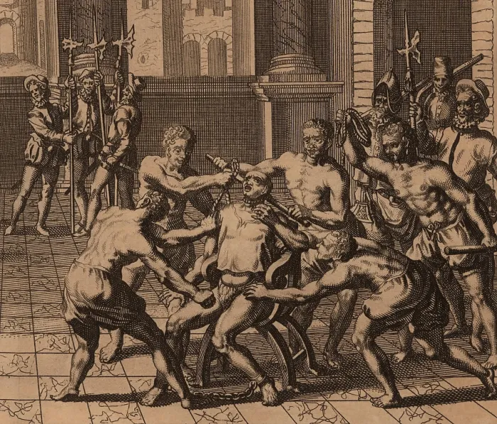 Framed Print : The execution of Incan Atahualpa on July 26, 1533. The 33-year-old emperor is strangled with a pole and rope by African slaves under orders from the Spanish