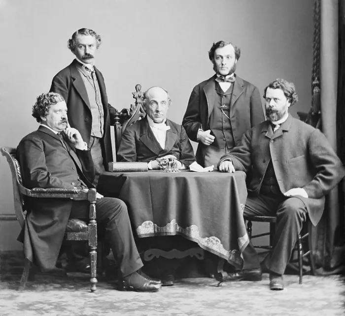 Framed Print : Executive Committee of the U.S. Sanitary Commission. L to R: Dr. William Holme Van Buren, George Templeton Strong, Rev. Dr. Henry Whitney Bellows (Commission President), Dr