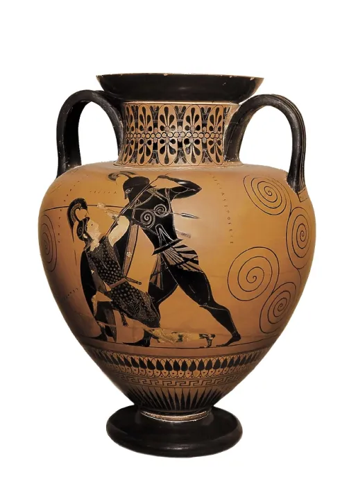 Framed Print : EXEKIAS (6th century BC). Black-figured amphora. Achilles killing the Amazon Queen Pentesilea. 540 -530 BC. Wine jug made in Athens. Archaic Greek art. Ceramics. UNITED KINGDOM