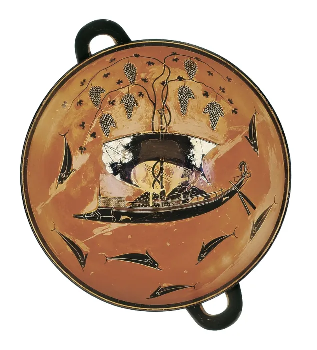 Framed Print : EXEKIAS (6th century BC). Dionysos on a ship. 540 BC. Black figures on a reddish clay. Archaic Greek art. Ceramics. GERMANY. Munich