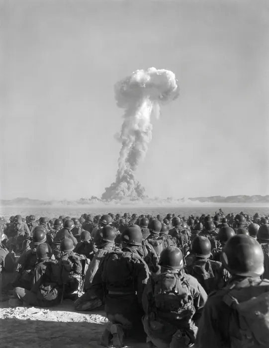 Framed Print : Exercise Desert Rock, Nov. 1, 1951. Men of the U.S. Army 11th Airborne Division, watch a plume of radio-active smoke rise at Yucca Flats