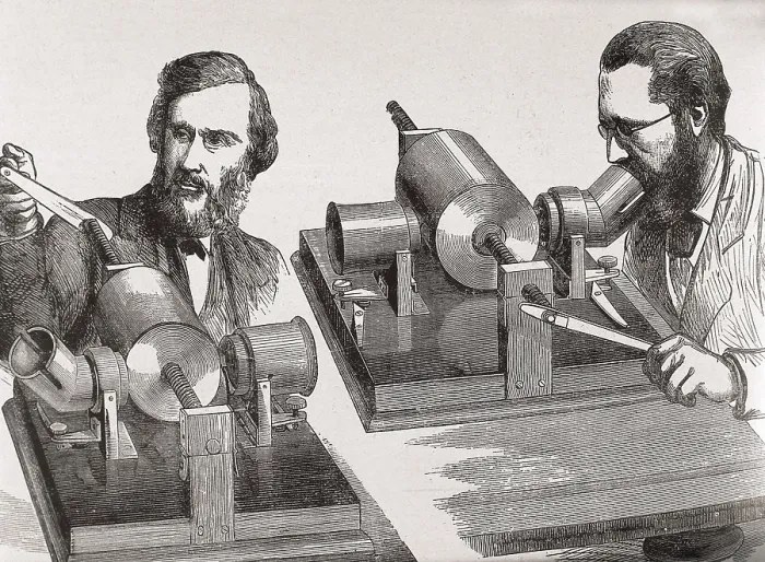Framed Print : Experiments with the phonograph in the 'Royal Institution', 1878. Professors John Tyndall and W.H. Preece Speaking into Phonograph. Engraving. - J Framed Print : Experiments with the phonograph in the 'Royal Institution', 1878. Professors John Tyndall and W.H. Preece Speaking into Phonograph. Engraving. - J
