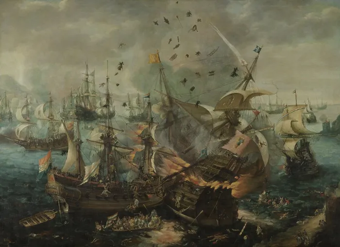 Framed Print : The Explosion of the Spanish Flagship during the Battle of Gibraltar, by Cornelis Van Wieringen, 1621, Dutch painting, oil on canvas. On April 25, 1607