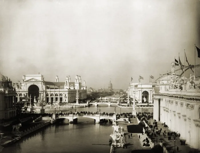 Framed Print : Exposition grounds at the 1893 World's Columbian Exposition, Chicago. The white plaster classical facades disguised the buildings steel structures and modern engineering
