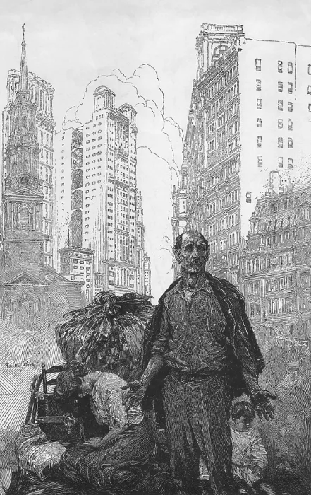 Framed Print : Expressive engraving depicting an sorrowful immigrant father, with his wife and child exhausted amid bundles of garment homework. 1900 engraving from AMERICAN MAGAZINE Framed Print : Expressive engraving depicting an sorrowful immigrant father, with his wife and child exhausted amid bundles of garment homework. 1900 engraving from AMERICAN MAGAZINE