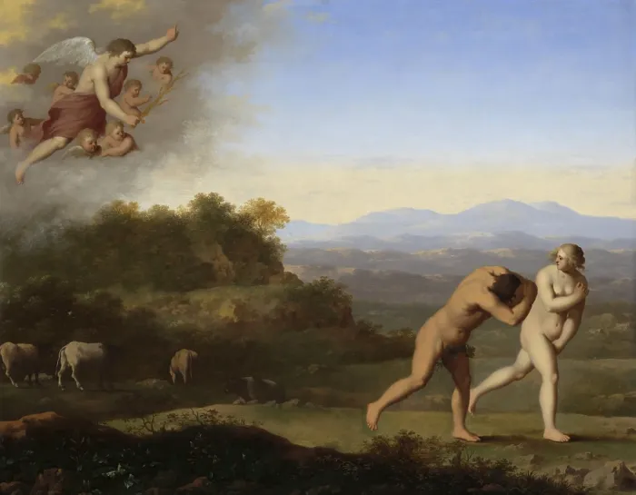 Framed Print : The Expulsion from Paradise, Cornelis van Poelenburch, after 1646, Dutch painting, oil on panel. Adam and Eve driven out of Paradise by an angel with a flaming sword Framed Print : The Expulsion from Paradise, Cornelis van Poelenburch, after 1646, Dutch painting, oil on panel. Adam and Eve driven out of Paradise by an angel with a flaming sword