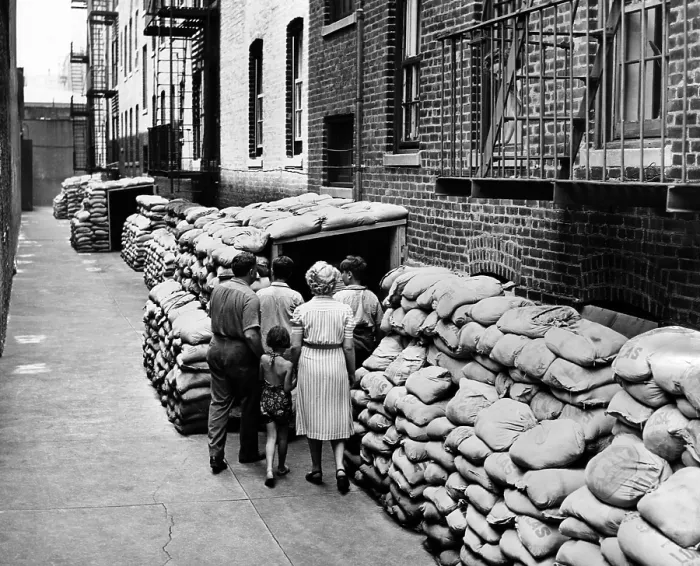 Framed Print : Exterior view of the first large air raid shelter on New York City's Lower East Side. It was half a block long and is protected by 4, 000 sandbags. July 13, 1942