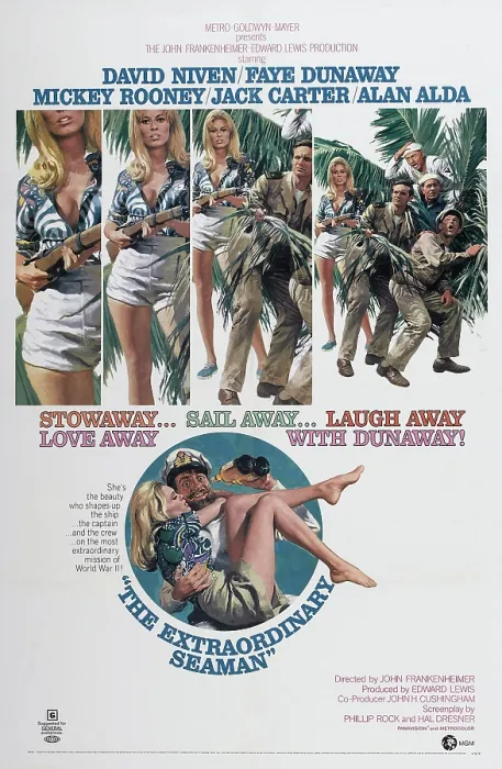 Framed Print : THE EXTRAORDINARY SEAMAN, US poster art, top right insert, clockwise from left: Faye Dunaway, Alan Alda, Mickey Rooney, Manu Tupou, Jack Carter; center: Faye Dunaway, David Niven