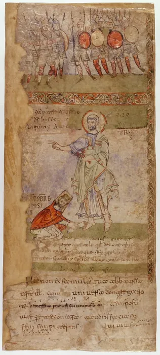 Framed Print : Exultet, 11th Century, illuminated codex - Vatican City, Apostolic Vatican Library, ms. Vat. Lat. 9820. Whole artwork view. Page from a roll dell'Exultet