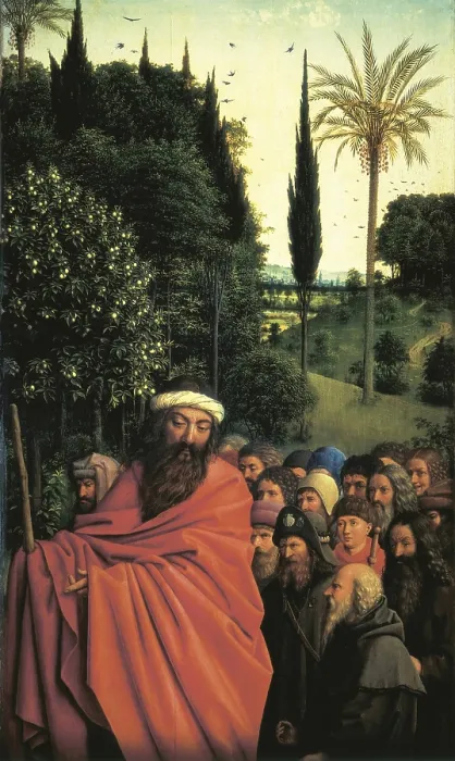 Framed Print : EYCK, Jan van (1390-1441); EYCK, Hubert van (1370-1426). The Ghent Altarpiece or Adoration of the Mystic Lamb. 1425-1432. BELGIUM. Ghent. Saint Bavo Cathedral. The Pilgrims