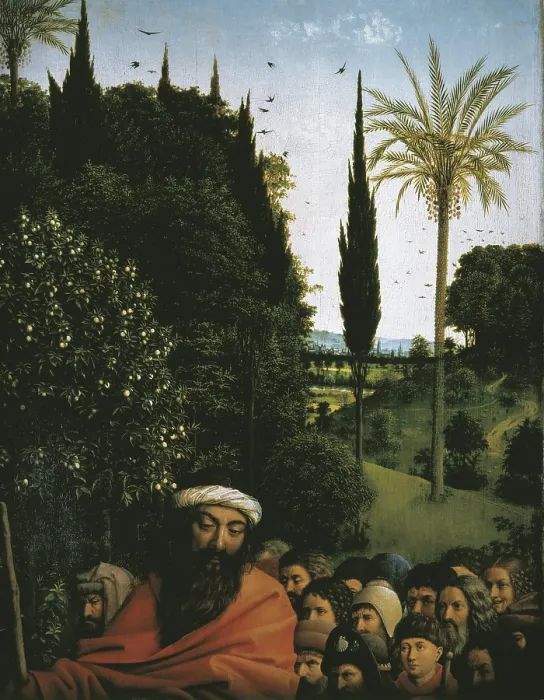 Framed Print : EYCK, Jan van (1390-1441); EYCK, Hubert van (1370-1426). The Ghent Altarpiece or Adoration of the Mystic Lamb. 1425-1432. BELGIUM. Ghent. Saint Bavo Cathedral. The Pilgrims