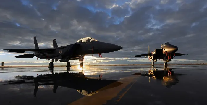 Framed Print : F-15 Strike Eagle fighters at Mountain Home Air Force Base Idaho at sunset. Dec. 6 2010. (BSLOC_2011_12_217)