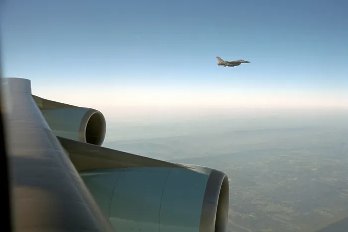Framed Print : An F-16 escorting Air Force One from Offutt Air Force Base in Neb. to Andrews Air Force Base. Sept. 11, 2001