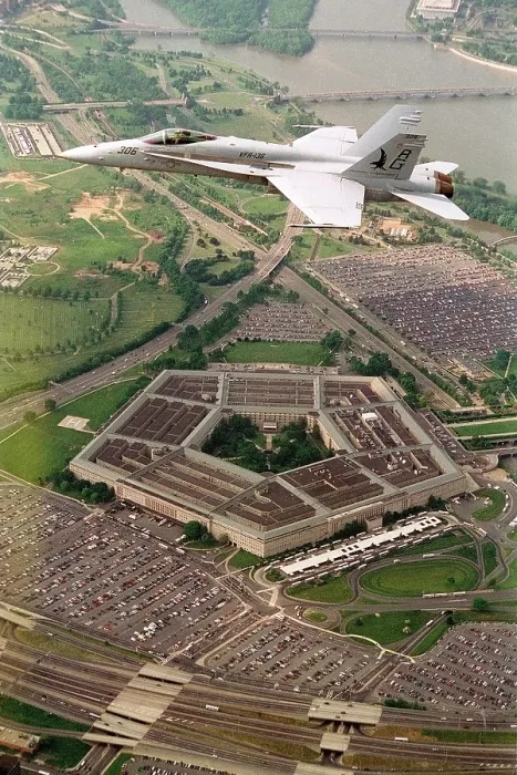 Framed Print : F-18 Hornet fighter flies over the Pentagon. (BSLOC_2011_12_319)