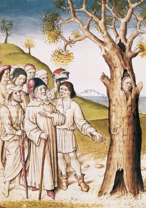 Framed Print : The Fables of Bidpai. Folio 36: A pursued man hids in a tree. German edition from 1480 after the Hindu original from 1348. Gothic art. Miniature Painting. FRANCE. Chantilly