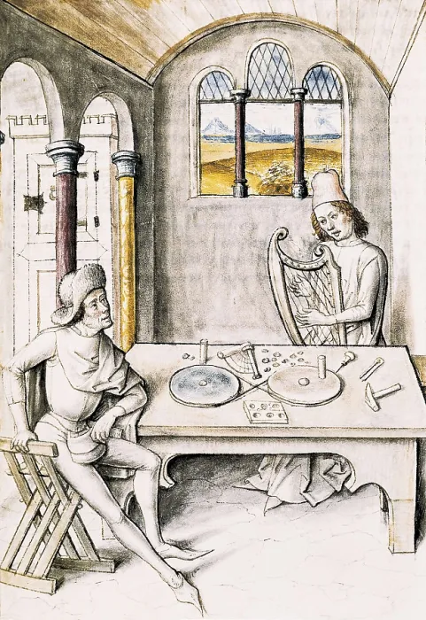 Framed Print : The Fables of Bidpai. Folio 6: Music manufacture in a medieval interior. German edition from 1480 after the Hindu original from 1348. Gothic art. Miniature Painting. FRANCE
