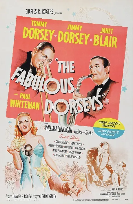 Framed Print : THE FABULOUS DORSEYS, US poster, top from left: Tommy Dorsey, Jimmy Dorsey, bottom from left: Janet Blair, William Lundigan, Janet Blair, Paul Whiteman, Jimmy Dorsey, 1947