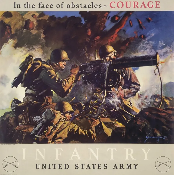 Framed Print : In the Face of Obstacles - Courage. Infantry-United States Army. U.S. Army World War 2 recruiting poster showing soldiers firing machine gun in battle. 1943. (BSLOC_2014_8_225)