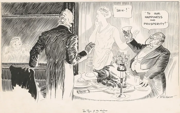 Framed Print : THE FACE AT THE WINDOW, shows Europeans suffering in World War 1 as Americans thrive. It depicts two wealthy men toasting to their happiness and prosperity at a Thanksgiving meal