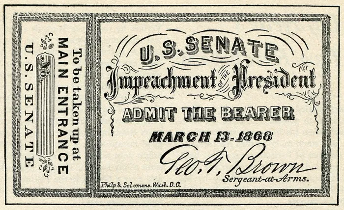 Framed Print : Facsimile of a ticket of admission to the Senate for the Impeachment Trial of President Andrew Johnson, March 23-April 20, 1868