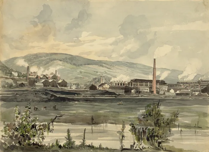 Framed Print : Factory on a river in Pennsylvania. 1857 watercolor by James Fuller Queen Framed Print : Factory on a river in Pennsylvania. 1857 watercolor by James Fuller Queen