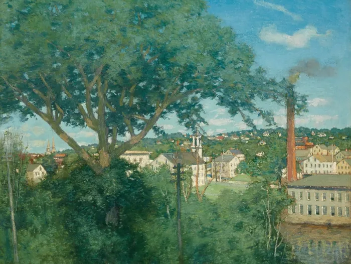 Framed Print : THE FACTORY VILLAGE, by Julian Alden Weir, 1897, American painting, oil on canvas. A large tree and plants dominate the foreground