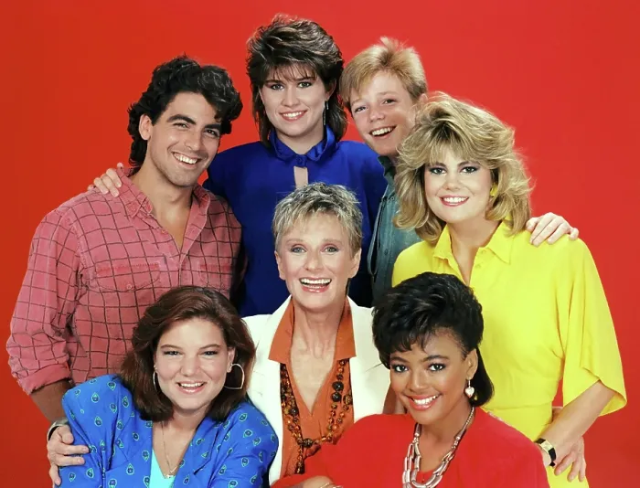 Framed Print : THE FACTS OF LIFE, (clockwise from top left): George Clooney, Nancy McKeon, Mackenzie Astin, Lisa Whelchel, Kim Fields, Cloris Leachman, Mindy Cohn, (Season 8), 1979-1988
