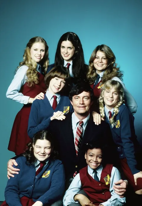 Framed Print : THE FACTS OF LIFE, rear l-r: Julie Piekarski, Felice Schachter, Lisa Whelchel, center l-r: Molly Ringwald, John Lawlor, Julie Anne Haddock, bottom l-r: Mindy Cohn, Kim Fields