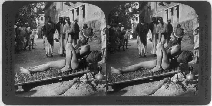 Framed Print : Fakir on his bed of spikes, from original caption: Most spectacular performance of a religious fanatic, India, stereo photograph by H.C. White Company, circa 1907 Framed Print : Fakir on his bed of spikes, from original caption: Most spectacular performance of a religious fanatic, India, stereo photograph by H.C. White Company, circa 1907