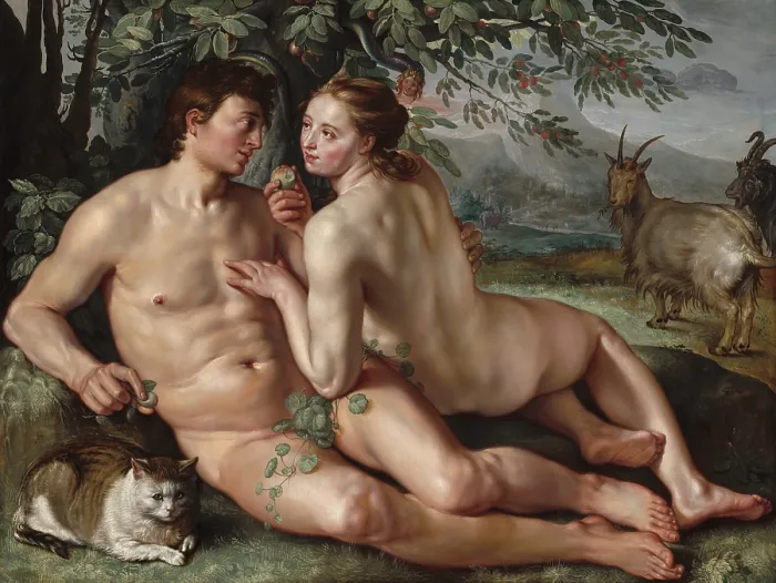 Framed Print : The Fall of Man, by Hendrick Goltzius, 1616, Dutch painting, oil on canvas. Goltzius presents the seduction based on mutual romantic attraction