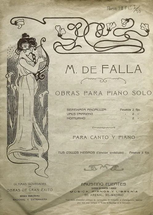 Framed Print : FALLA, Manuel de (1876-1946). Spanish composer and pianist. Works for piano solo and for piano and voice. Edited in Madrid. AISA / Everett Collection**US SALES ONLY** Framed Print : FALLA, Manuel de (1876-1946). Spanish composer and pianist. Works for piano solo and for piano and voice. Edited in Madrid. AISA / Everett Collection**US SALES ONLY**