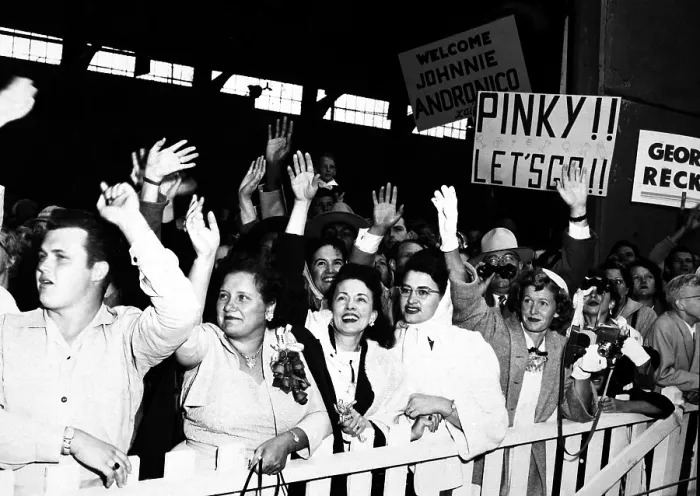 Framed Print : Families waving as they greet the troop ship of the POW's returning from the Korean War. August 23, 1953. Fort Mason, California. Korean War, 1950-53. (BSLOC_2014_11_180)