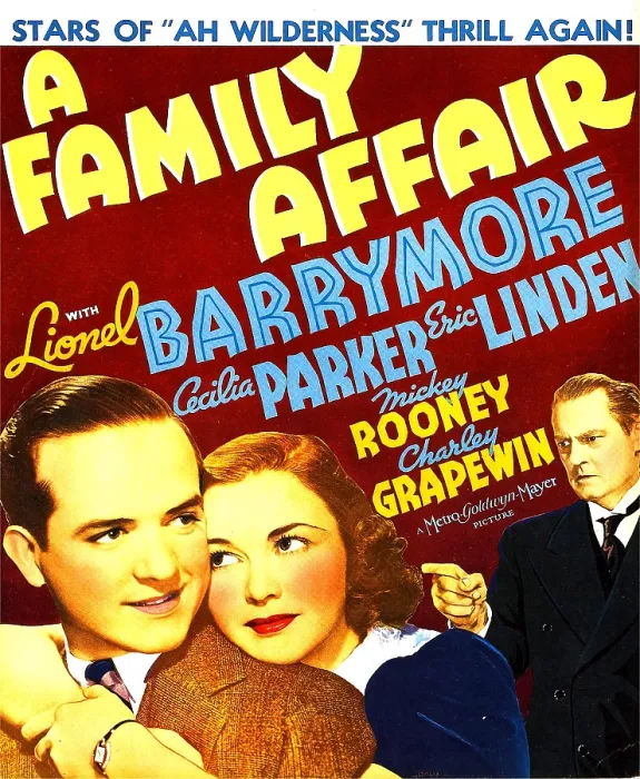 Framed Print : A FAMILY AFFAIR, from left, Eric Linden, Cecilia Parker, Lionel Barrymore on window card, 1937