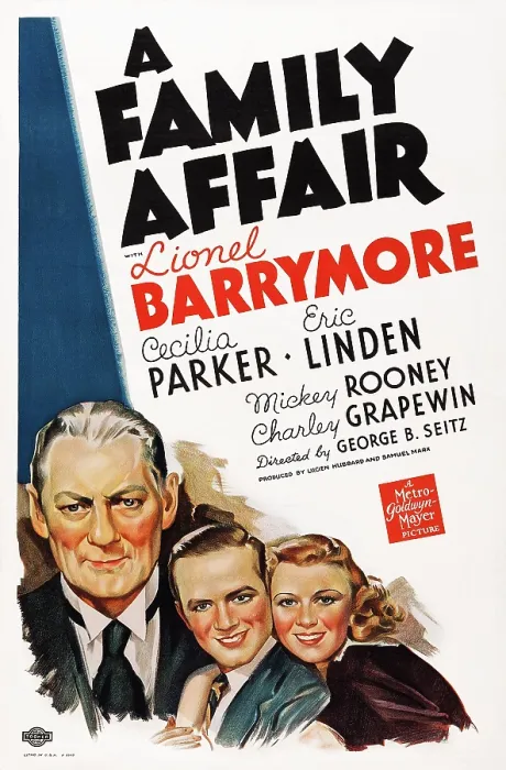 Framed Print : A FAMILY AFFAIR, US poster, from left: Lionel Barrymore, Eric Linden, Cecilia Parker, 1937