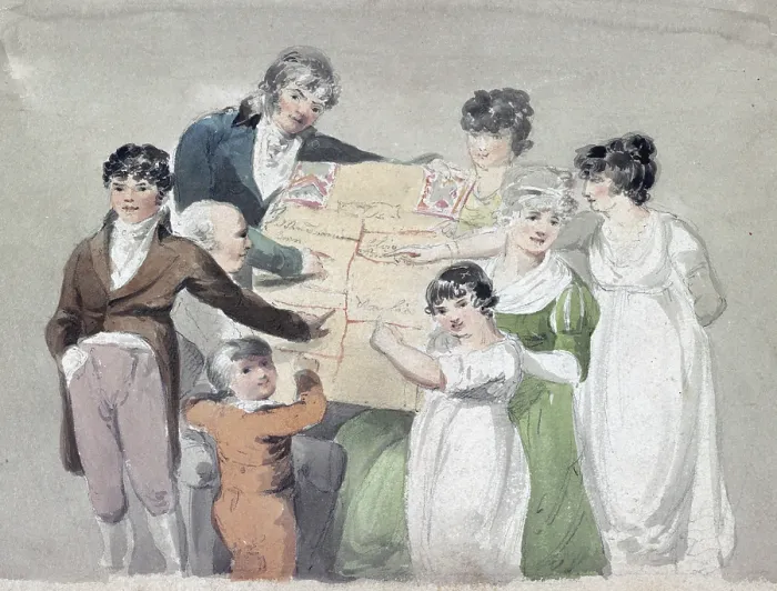 Framed Print : Family group - Smith, his wife and six children pointing at examples of their work. ca. 1809