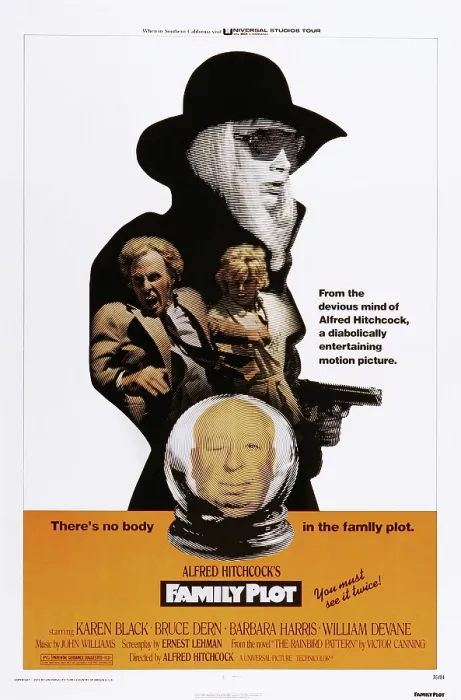 Framed Print : FAMILY PLOT, from top: Karen Black, Bruce Dern, Barbara Harris, Alfred Hitchcock on poster art, 1976 Framed Print : FAMILY PLOT, from top: Karen Black, Bruce Dern, Barbara Harris, Alfred Hitchcock on poster art, 1976