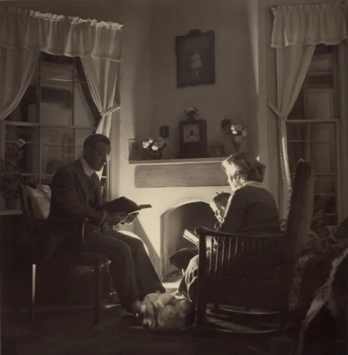Framed Print : Family reads at the fireside. 1935 Framed Print : Family reads at the fireside. 1935