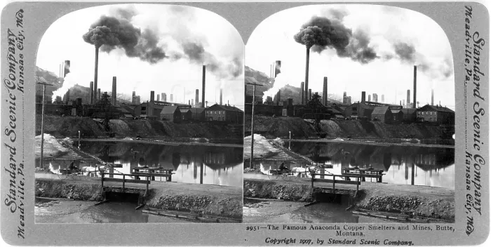 Framed Print : The famous Anaconda copper smelters and mines, Butte, Montana, stereo photograph by Standard Scenic Company, 1907
