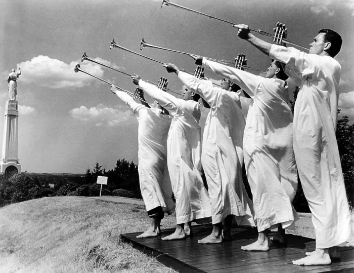 Framed Print : A fanfare of trumpets opens Hill Cumorah Pageant near Palmyra, New York. The religious pageant, dramatizes scenes from the Bible and the Book of Mormon. July 1969 Framed Print : A fanfare of trumpets opens Hill Cumorah Pageant near Palmyra, New York. The religious pageant, dramatizes scenes from the Bible and the Book of Mormon. July 1969