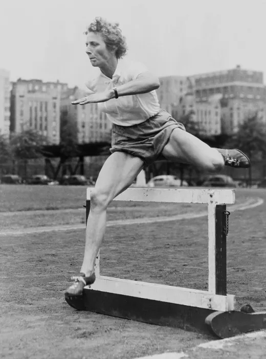 Framed Print : Fanny Blankers-Koen clearing a low hurdle at McCombs Dam Park in the Bronx, 1949